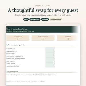 May include: A digital spreadsheet template titled Toast & Tally for an ornament exchange. The interface displays guest preferences, checked pairings, and a handoff tracker with buttons for Excel, Google Sheets, and Numbers software.