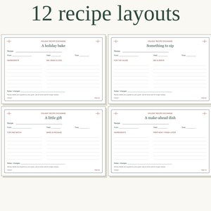 May include: Four rectangular recipe cards with the heading 12 recipe layouts. Each card features fields for recipe name, from, yield, and time, with specific sections for ingredients, instructions, and notes. The text is printed in black and red ink.