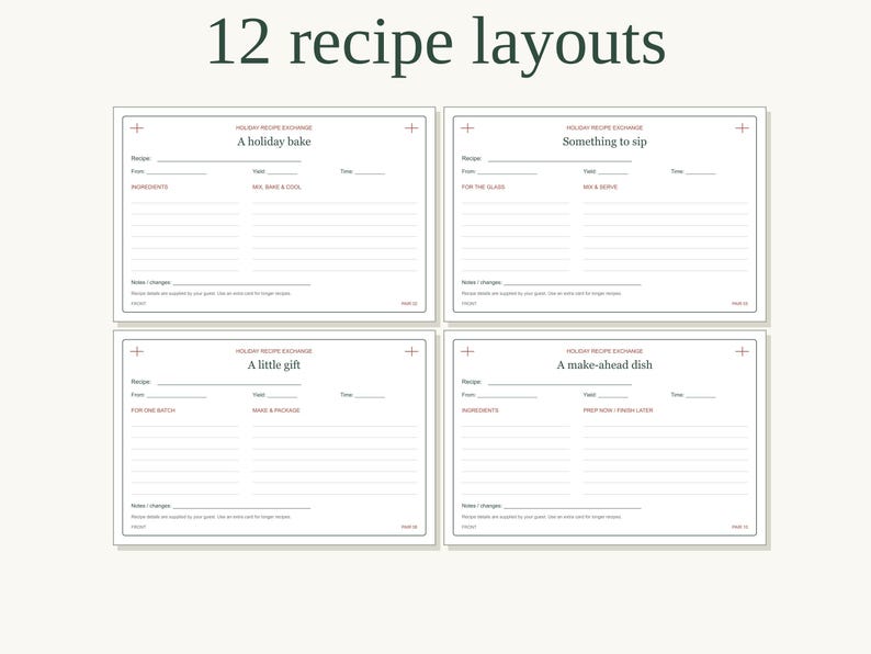 May include: Four rectangular recipe cards with the heading 12 recipe layouts. Each card features fields for recipe name, from, yield, and time, with specific sections for ingredients, instructions, and notes. The text is printed in black and red ink.