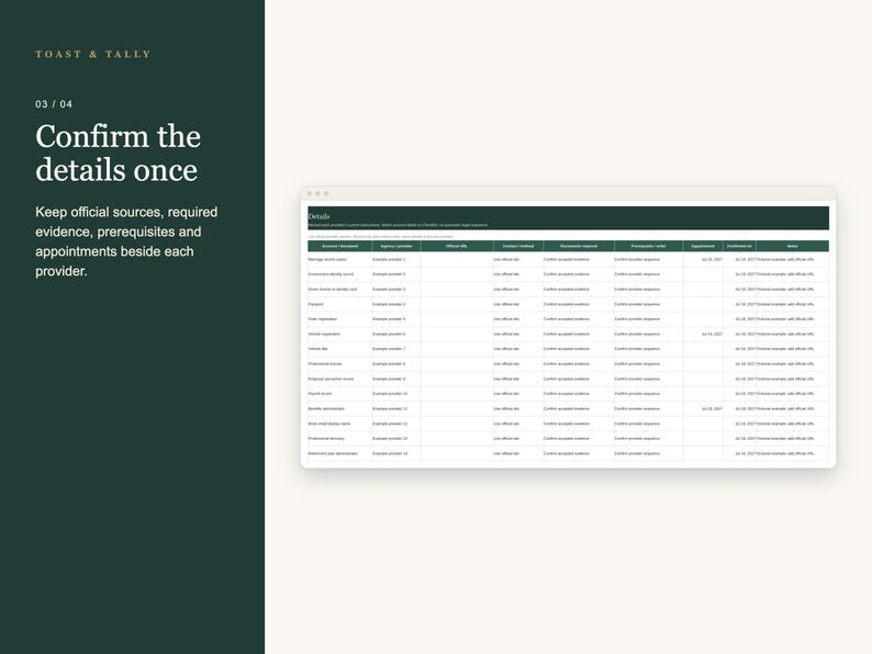 Lista de verificación para el cambio de nombre después del matrimonio (hoja de cálculo, registro de cuentas y documentos, plantilla para bodas en Excel y Google Sheets) imagen 4