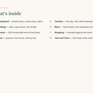 May include: A document titled Toast & Tally What's inside, listing eight features: 01 Dashboard, 02 Settings, 03 Guests, 04 Flow, 05 Timeline, 06 Menu, 07 Shopping, and 08 Jobs and Team, each with a brief description of its function.