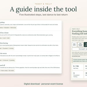 K&ouml;nnte beinhalten: Ein digitaler Leitfaden mit dem Titel A guide inside the tool von Toast & Tally, der f&uuml;nf illustrierte Schritte zur Veranstaltungsplanung enth&auml;lt, darunter Plan the pickup, Give each box a home, Count before leaving, Confirm the return und Print & hand off.