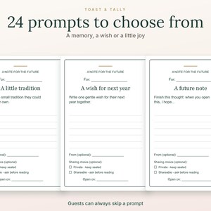 May include: Three white rectangular cards with black text titled Toast & Tally 24 prompts to choose from. Each card features A NOTE FOR THE FUTURE, a specific prompt like A little tradition, A wish for next year, or A future note, blank lines for writing, and checkboxes for Private or Shareable.