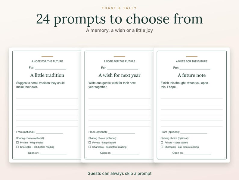 May include: Three white rectangular cards with black text titled Toast & Tally 24 prompts to choose from. Each card features A NOTE FOR THE FUTURE, a specific prompt like A little tradition, A wish for next year, or A future note, blank lines for writing, and checkboxes for Private or Shareable.