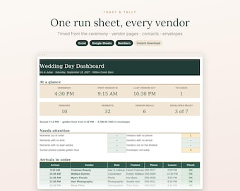 Wedding Day Timeline Spreadsheet for Vendors, Run Sheet, Wedding Itinerary, Vendor Contact List, Excel Google Sheets