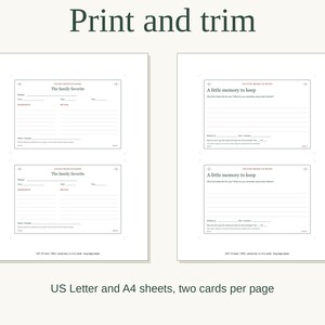 May include: Two printable sheets featuring recipe cards with the text Print and trim, The family favorite, and A little memory to keep. Each sheet contains two cards with lines for ingredients, methods, and notes, sized for US Letter and A4 paper.