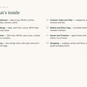 May include: A digital information sheet titled Toast & Tally What's inside, listing eight numbered sections: Dashboard, Settings, Guests, Bring, Contest, Votes and Tally, Ballots and Entry Tags, Games and Timeline, and Shopping with descriptions.