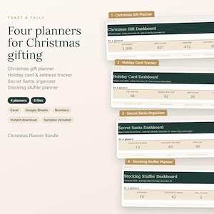 May include: A digital Christmas planner bundle featuring four dashboards: Christmas Gift, Holiday Card, Secret Santa, and Stocking Stuffer. The interface uses a dark green and beige color scheme with text labels for Excel, Google Sheets, and Numbers.