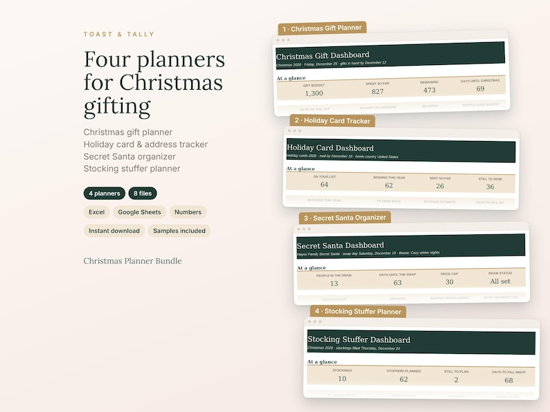 May include: A digital Christmas planner bundle featuring four dashboards: Christmas Gift, Holiday Card, Secret Santa, and Stocking Stuffer. The interface uses a dark green and beige color scheme with text labels for Excel, Google Sheets, and Numbers.