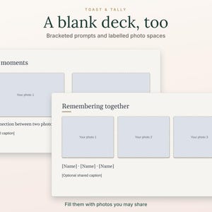 Op de afbeelding: Een digitaal sjabloon getiteld A blank deck, too van Toast & Tally. Het bevat aanwijzingen tussen haakjes en gelabelde fotovakken. E&eacute;n pagina toont Two moments met twee fotovakken, de andere Remembering together met drie fotovakken.
