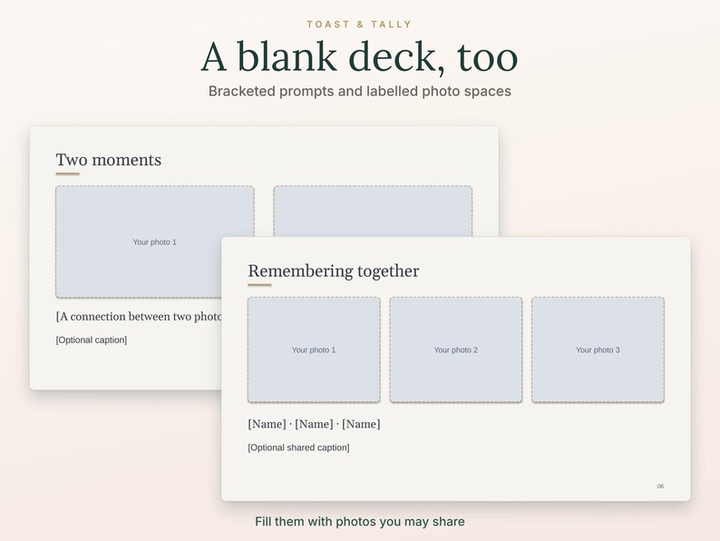 Op de afbeelding: Een digitaal sjabloon getiteld A blank deck, too van Toast & Tally. Het bevat aanwijzingen tussen haakjes en gelabelde fotovakken. E&eacute;n pagina toont Two moments met twee fotovakken, de andere Remembering together met drie fotovakken.