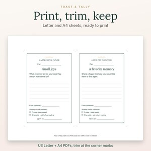 May include: A printable sheet featuring two cards titled A Note for the Future with prompts for Small joys and A favorite memory. The cards include lines for writing, checkboxes for sharing choices, and space for dates. Text reads Toast & Tally.