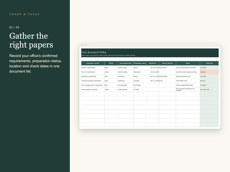 Courthouse Wedding Planner Spreadsheet, Civil Ceremony Checklist, License Documents and Small Reception, Excel Google Sheets Template image 3