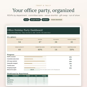 Puede incluir: Una plantilla de panel digital para fiestas de oficina titulada Toast & Tally. La interfaz muestra m&eacute;tricas que incluyen d&iacute;as restantes, recuentos de RSVP, capacidad del lugar, progreso de tareas y un desglose de personal por departamento para Excel, Google Sheets y Numbers.