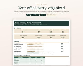 Office Holiday Party Planner Spreadsheet, Work Christmas Party RSVP Tracker, Committee Checklist, Gift Swap and Venue Comparison, Excel