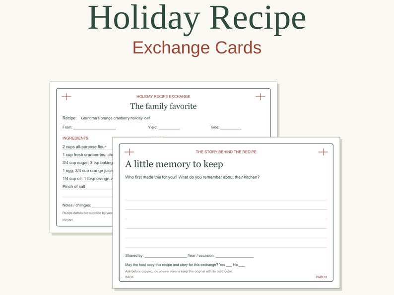 May include: Two white rectangular recipe exchange cards with dark green and red text. The front card features the title The family favorite and sections for ingredients and notes. The back card is titled A little memory to keep with lines for writing stories.