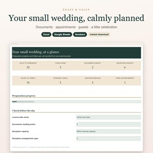 Courthouse Wedding Planner Spreadsheet, Civil Ceremony Checklist, License Documents and Small Reception, Excel Google Sheets Template