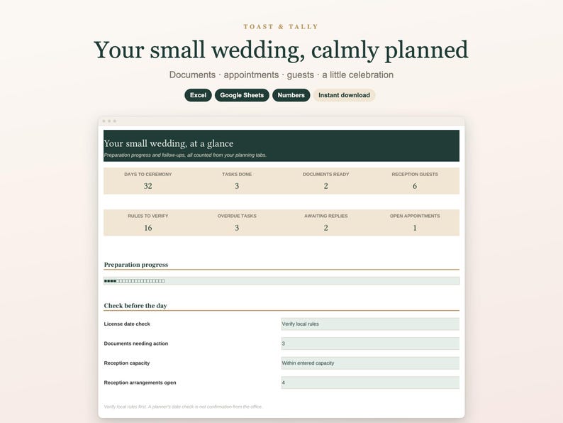 Courthouse Wedding Planner Spreadsheet, Civil Ceremony Checklist, License Documents and Small Reception, Excel Google Sheets Template image 1