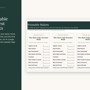 May include: A set of printable contest ballots for The Hart Ugly Sweater Bash. The document features three identical ballot cards with fields for categories including Ugliest overall, Most festive, Best homemade, and Best thrift find.