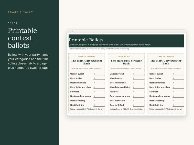 May include: A set of printable contest ballots for The Hart Ugly Sweater Bash. The document features three identical ballot cards with fields for categories including Ugliest overall, Most festive, Best homemade, and Best thrift find.