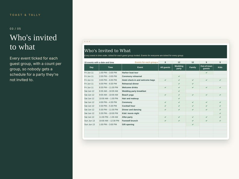Wedding Weekend Itinerary Template for Guests, Printable Wedding Schedule, Hotel and Shuttle Info, Excel Google Sheets image 4