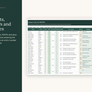May include: A digital spreadsheet template titled Guests, RSVPs and entries by Toast & Tally. The table features columns for guest names, groups, invite status, RSVP, plus-ones, contest participation, sweater descriptions, entry numbers, and food items.