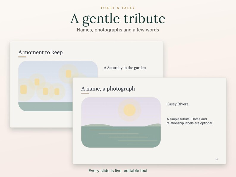 Op de afbeelding: Een digitale presentatiesjabloon getiteld Toast & Tally A gentle tribute met bewerkbare tekstvelden. De dia's hebben zachte groene en beige tinten en tonen tijdelijke tekst zoals A moment to keep, A name, a photograph en Casey Rivera.