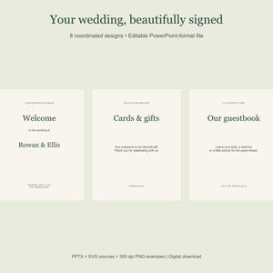 Op de afbeelding: Een digitale downloadset met sjablonen voor bruiloftsborden, bestaande uit drie gebroken witte rechthoekige kaarten met donkere tekst. De borden bevatten de teksten Welcome to the wedding of Rowan & Ellis, Cards & gifts en Our guestbook.