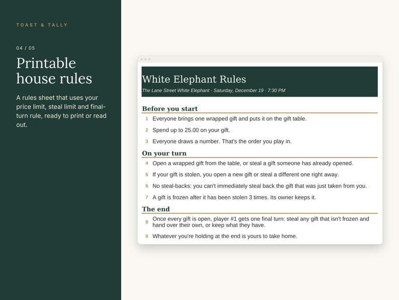 May include: A printable rules sheet for a White Elephant gift exchange. The document features a dark green header with the text White Elephant Rules and lists nine numbered steps for gameplay, including instructions on stealing gifts.