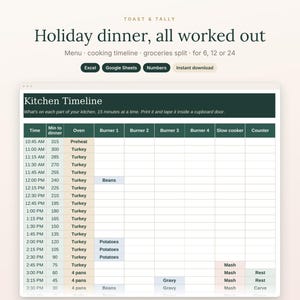 Thanksgiving Menu and Cooking Timeline for 6, 12 or 24 Guests, Holiday Dinner Plan, Grocery List Split, Christmas Dinner image 1