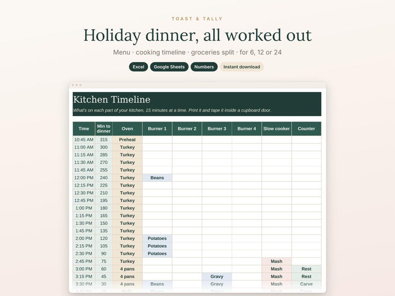 Thanksgiving Menu and Cooking Timeline for 6, 12 or 24 Guests, Holiday Dinner Plan, Grocery List Split, Christmas Dinner image 1