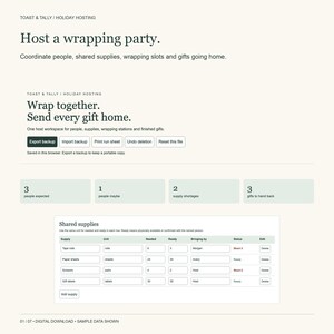Organizador de fiestas con envoltura de regalos, organizador de suministros y estaciones para confirmaciones de asistencia en HTML sin conexión, seguimiento de etiquetas y entregas de regalos.