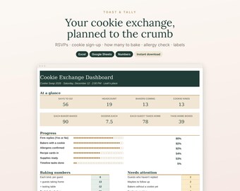 Cookie Exchange Party Planner Spreadsheet, Christmas Swap Sign Up Sheet, Holiday Baking RSVP and Allergy List, Excel Google Sheets Template