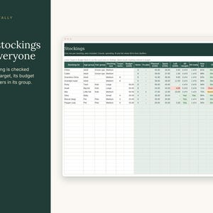 May include: A digital spreadsheet titled Stockings with columns for names, age groups, budget, and spending status. The table tracks holiday gift planning with rows for individuals and pets, featuring green and red text indicators.
