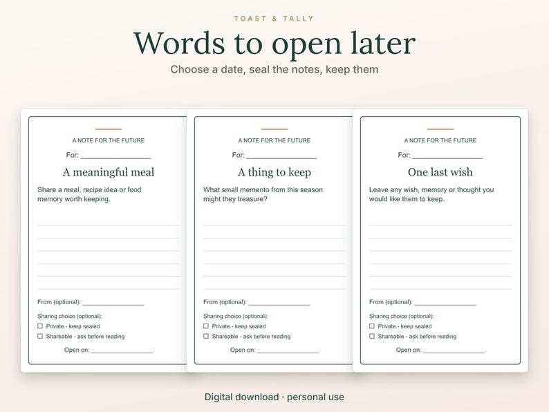 May include: Three white stationery cards titled Words to open later. Each card features A note for the future, with prompts for A meaningful meal, A thing to keep, and One last wish. Includes lines for writing, sender name, sharing choice, and date.