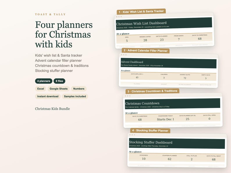 Julkalender för barn, önskelista, brev till jultomten, idéer till adventskalender, nedräkning, julklappar, Excel Google Sheets bild 1