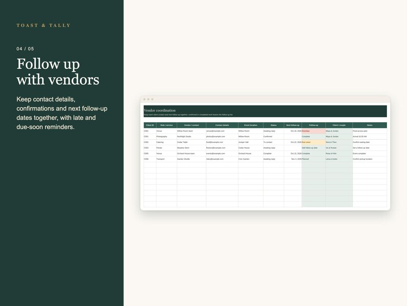 Wedding Planner Business Spreadsheet, Multi Client Organizer, Coordinator Tasks, Vendor Contacts and Event Calendar, Excel Google Sheets image 5