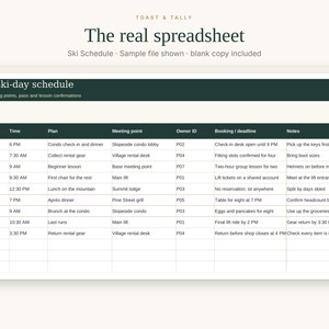 May include: A digital spreadsheet titled The real spreadsheet with a sub-heading Ski Schedule. The table is labeled Your ski-day schedule and includes columns for Day/date, Time, Plan, Meeting point, Owner ID, Booking/deadline, and Notes.