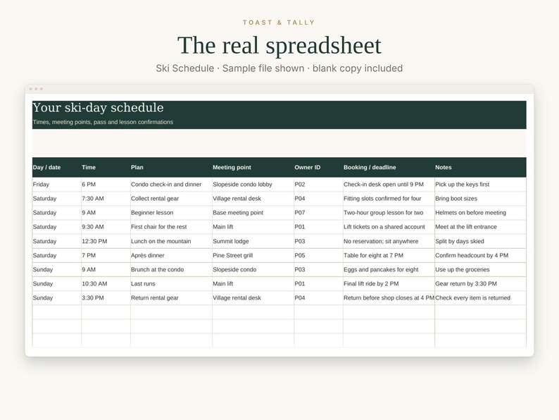 May include: A digital spreadsheet titled The real spreadsheet with a sub-heading Ski Schedule. The table is labeled Your ski-day schedule and includes columns for Day/date, Time, Plan, Meeting point, Owner ID, Booking/deadline, and Notes.
