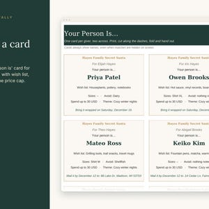 May include: A digital document titled Your Person Is featuring four printable Secret Santa cards for the Hayes family. Each card includes fields for the giver, recipient name, wish list, sizes, dietary restrictions, price cap, and event details.