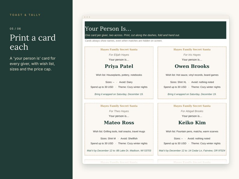 May include: A digital document titled Your Person Is featuring four printable Secret Santa cards for the Hayes family. Each card includes fields for the giver, recipient name, wish list, sizes, dietary restrictions, price cap, and event details.