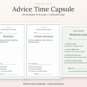 Bridal Shower Advice Time Capsule Cards, Editable SVG and Printable 4x6 Memory Cards, 30 Card Keepsake Kit with Sign, Letter A4 PDF
