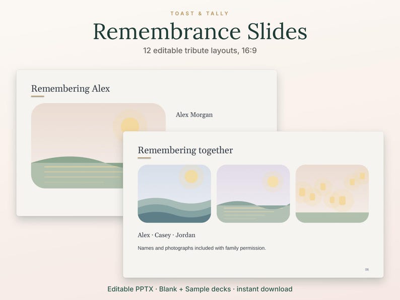 Op de afbeelding: Toast & Tally Remembrance Slides met 12 bewerkbare eerbetoon-lay-outs in 16:9-verhouding. De dia's tonen tekst zoals Remembering Alex, Alex Morgan, Remembering together en Alex, Casey, Jordan met landschapsafbeeldingen.