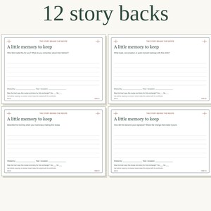 May include: Four rectangular white recipe cards with black text and lines. Each card is titled A little memory to keep and includes the heading The story behind the recipe, with prompts for sharing memories, space for names, dates, and checkboxes.