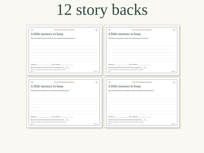 May include: Four rectangular white recipe cards with black text and lines. Each card is titled A little memory to keep and includes the heading The story behind the recipe, with prompts for sharing memories, space for names, dates, and checkboxes.