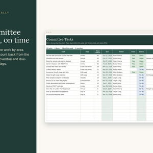 Puede incluir: Una hoja de c&aacute;lculo digital titulada Committee Tasks con columnas para tarea, &aacute;rea, d&iacute;as antes, fecha de vencimiento, propietario, hecho, estado y notas. La tabla presenta encabezados de color verde oscuro y filas con texto.