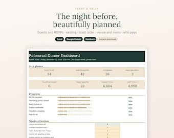 Rehearsal Dinner Planner Spreadsheet, Guest List and RSVP Tracker, Seating Chart, Toast Order, Rehearsal Schedule, Excel and Google Sheets