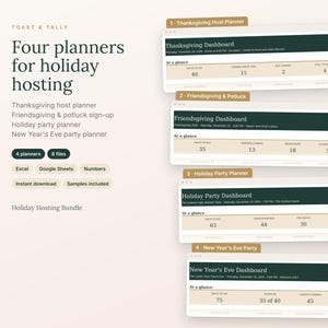May include: A digital holiday hosting bundle featuring four planners: Thanksgiving Host Planner, Friendsgiving & Potluck, Holiday Party Planner, and New Year's Eve Party Planner. The set includes eight files compatible with Excel, Google Sheets, and Numbers.