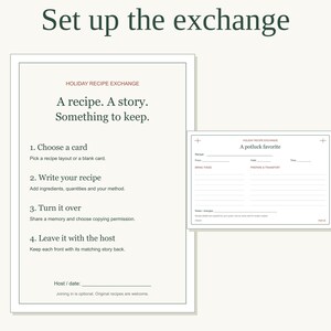 May include: A vertical instruction sheet titled Set up the exchange with four numbered steps for a holiday recipe exchange, alongside a horizontal recipe card featuring fields for recipe name, ingredients, and preparation details.