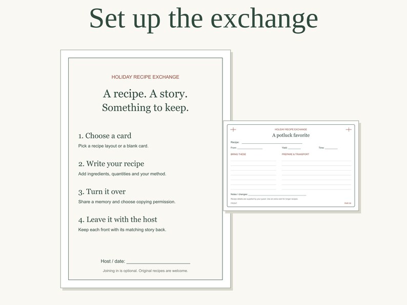 May include: A vertical instruction sheet titled Set up the exchange with four numbered steps for a holiday recipe exchange, alongside a horizontal recipe card featuring fields for recipe name, ingredients, and preparation details.